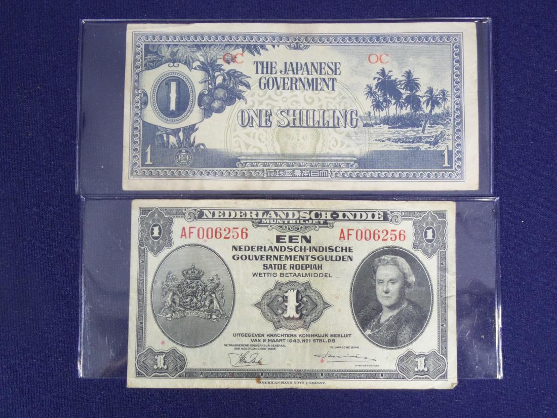 Foreign Bank Notes: 1) Japanese Government OC. One Shilling, 1) 1943 Netherlands-India One Gulden, notes are crisp and clean.