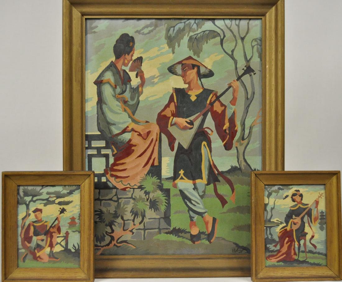 Circa 1950s "Chinoiserie" Paint-By-Numbers Art: Signed Helga, oil on canvas, 1) 18.25 in. x 14.25 in. framed size, 2) 7 in. x 5.75 in. framed size.