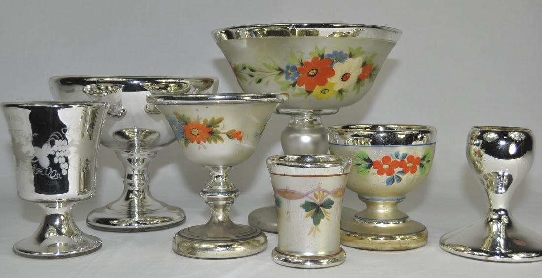 Decorated & Plain Victorian Mercury Glass: 1) 8.5 in. x 8.5 in. frosted compote, 1) 6 in. x 5.25 in. frosted compote, 1) 4.5 in. x 4.25 in. frosted, footed bowl, 1) 4 in. frosted vase, 1) 5.5 in. etched vase, 1) 6.5 in. x 7.5 in. compote, plai