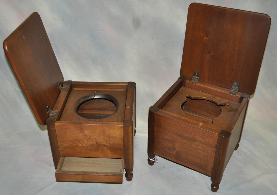 A Pair of American Mahogany Commodes Circa 1850: Hinged covers, one retains its original shallow side drawer. Beautifully refinished for use as perfect low end tables with storage, 16 in. x 17.5 in. x 17.5 in.