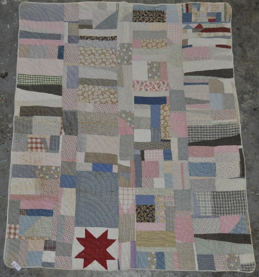 2) American hand Pieced Quilted Cotton Coverlets: Yellow and white simple block measuring 72 in. x 64 in., light wear, a few small spotting stains, multi-fabric fun style measuring 60 in. x 76 in., wear, contact staining, a few repairs.