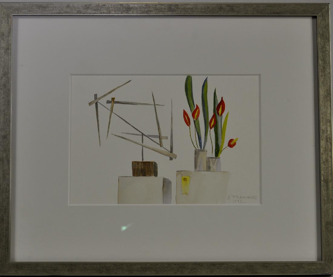 Breanne Trammell Original Watercolor: (American, Akron, Ohio, Contemporary) Still life with Anthurium and abstract sculpture, 7.25 in. x 10.75 in. visual image, 15.5 in. x 19 in. framed size, mounted with 6-ply rag mat.