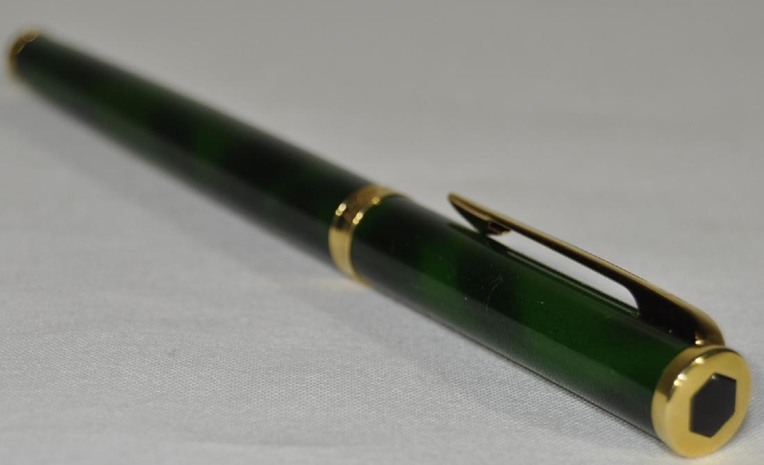 Waterman "Preface" Green Marble GT Fountain Pen: Cartridge fill (cartridge not present) 18kt nib, black lacquer hexagonal insignia atop the cap, 5.25 in. capped. Excellent unused condition.