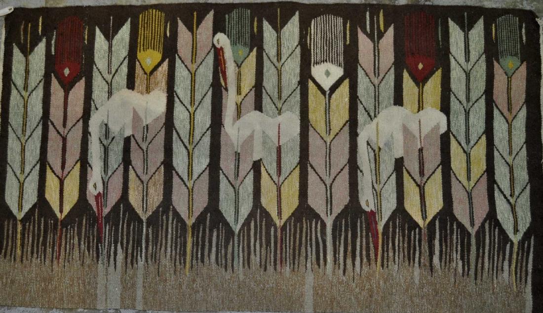 Vintage Native American Weaving: Wool on cotton, corn stalk and crane motif, 3 ft, x 5 ft. 2 in., very good condition, no holes or tears.