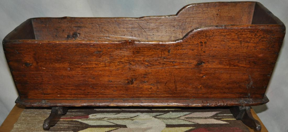 Antique New England Pine Cradle: Five board construction, refinished and repaired through time, 17 in. x 23 in. x 37 in.