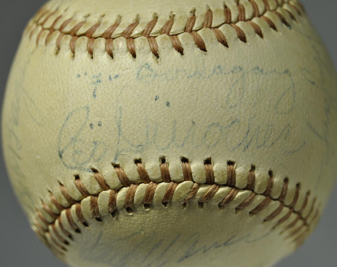 Brooklyn Dodgers Autographed Baseball: Bob Bragan, Frank Bolling, Curt Davis, Chuck Dressen, Leo Durocher, Augie Galan, Hal Gregg, Frank Melton, Luis Olmo, Mickey Owen, Howie Schultz, Eddie Stanky, Dixie Walker, Les Webber, Whitlow Wyatt, 