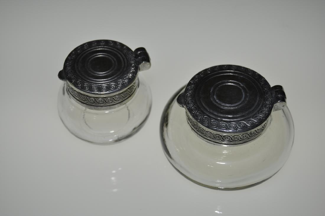 2) Glass Ink Wells With Hinged Pewter Lids: Stamped 95% (tin) making them of high quality manufacture, 1) 1.75 in. x 2 in., 1) 1.5 in. x 2.75 in., excellent condition.