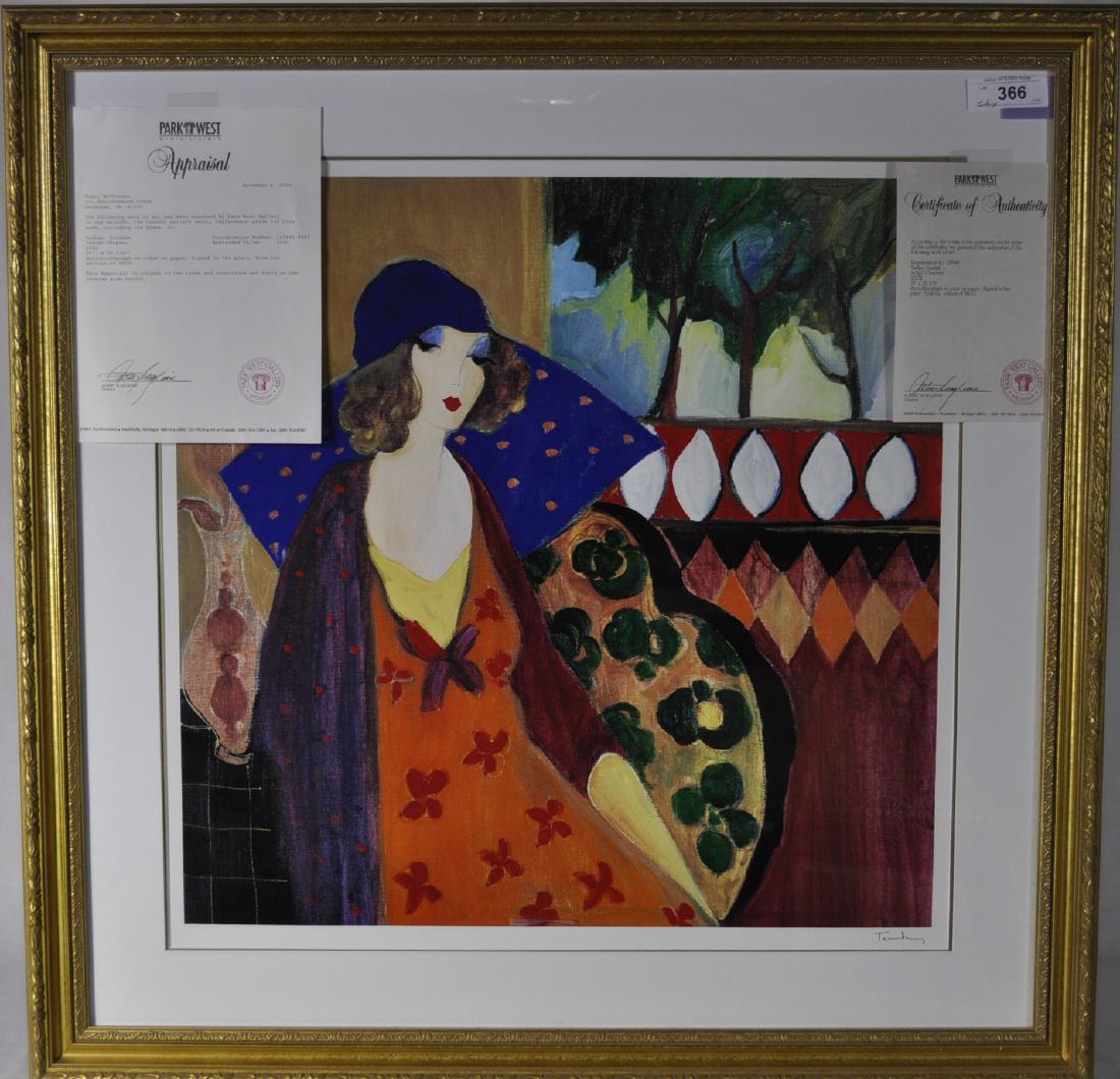 Itzak Tarkay "Indigo Chapeau" Seriolithograph: Park West registration no. 123945, print size 25 in. x 25 3/8 in., framed size 36 1/2 in. x 36 1/2 in. C.O.A. present. Third party packing and shipping only.