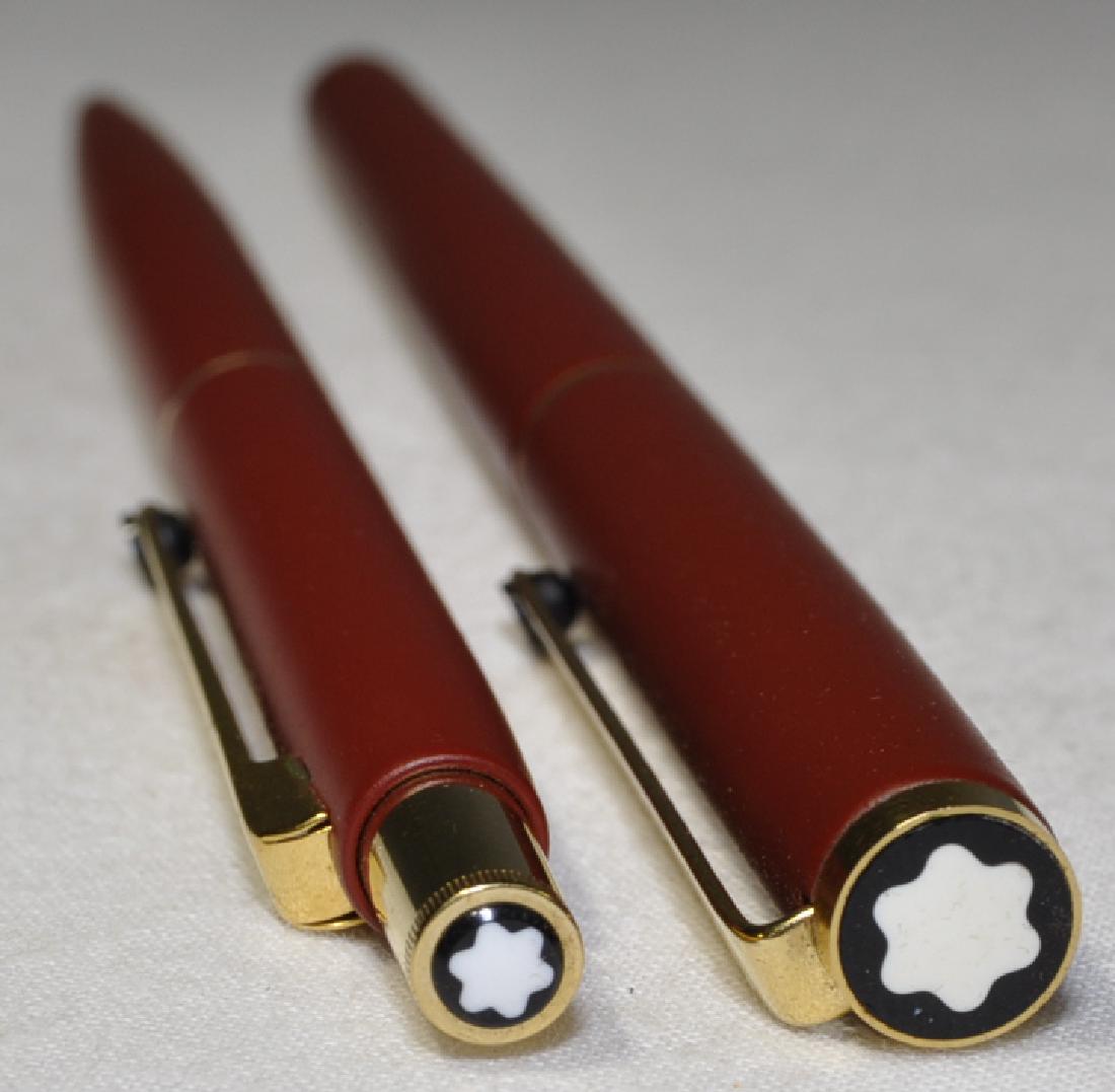 Montblanc Noblesse Fountain Pen & Pencil: Matt-red GT. Wilster Factory, 1970s vintage, snow cap insignia on caps and clips, propelling pencil measuring 5.5 in., pen measuring 5.5 in. Both appear to be in excellent condition with extremely min