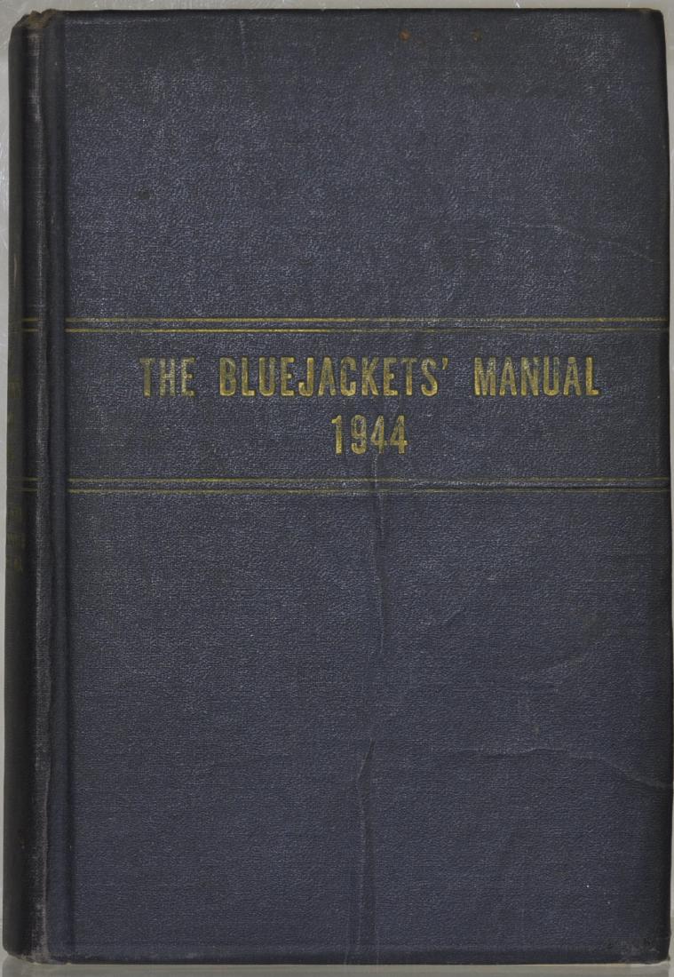 The Bluejacket's Manual 1944: Twelfth Edition, United States Naval Institute Annapolis, Maryland, complete and fully illustrated, cloth binding and boards, fair condition with wear from age and use, insect damage to the inside of 