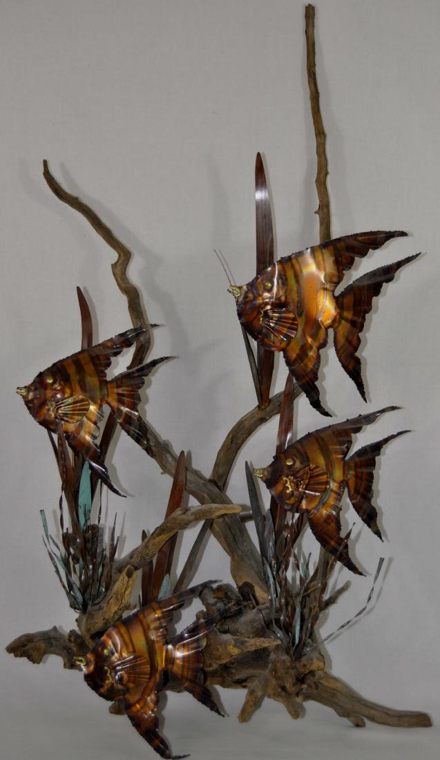 Contemporary Angelfish Wall Sculpture: Metal and driftwood, 24 in. x 36 in. x 6 in. local pick up or third party packing and shipping.