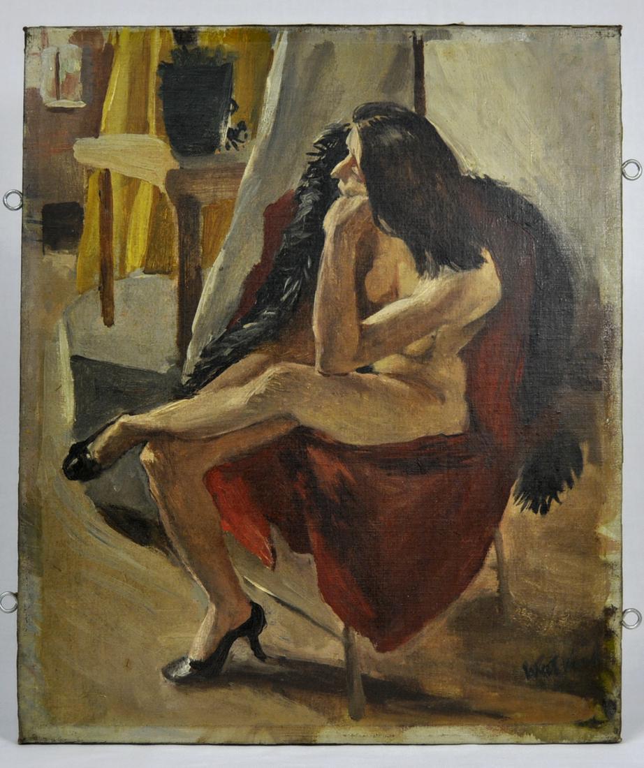 Franklin C. Watkins Female Nude Wearing Shoes: Franklin Chenault Watkins (Pennsylvania, 1894-1972) Oil on canvas portrait of a woman seated with a black feather boa wearing black high heeled shoes. Signed lower right, partial paper label affixed t
