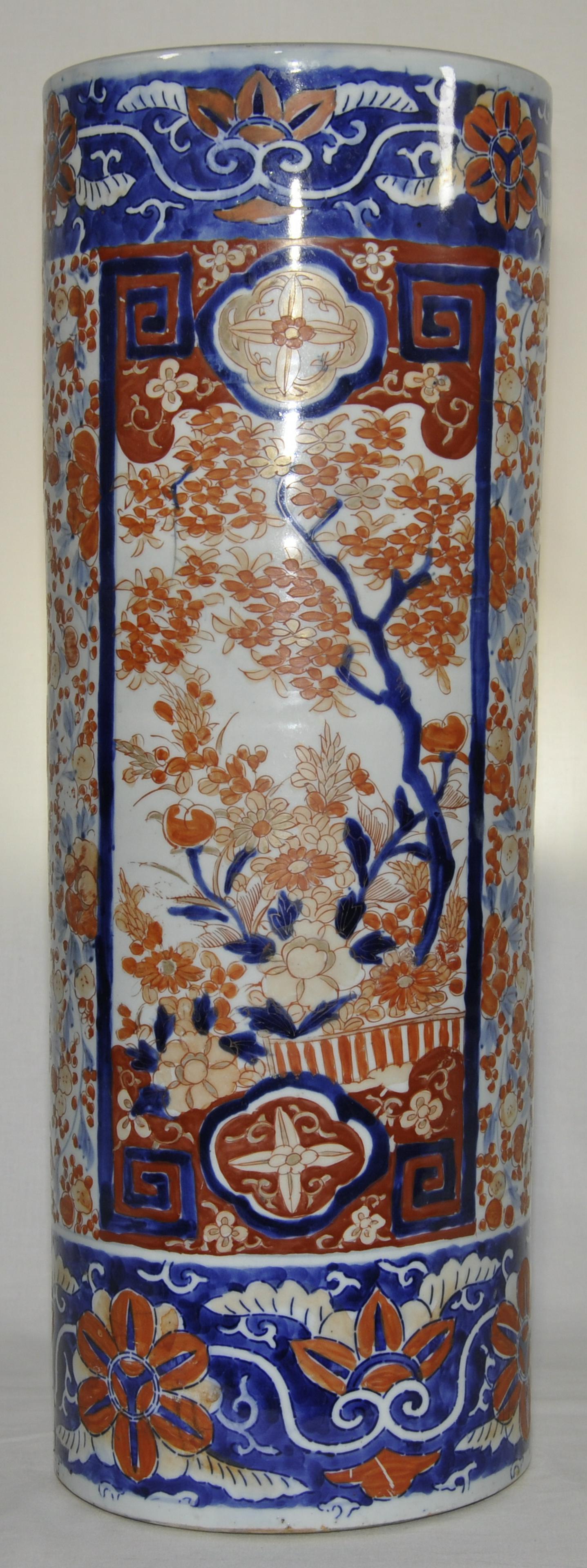 Meji Period Imari Palette Umbrella Stand: Excellent condition. 24 in. x 9 in.