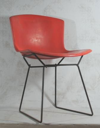 Fiberglass Chairs: Collection of four are molded fiberglass chairs by Knoll of New York, New York circe 1960. "Box" or "crate" design with wrought iron supports [Two in good condition, one with minor chip RFR, other two