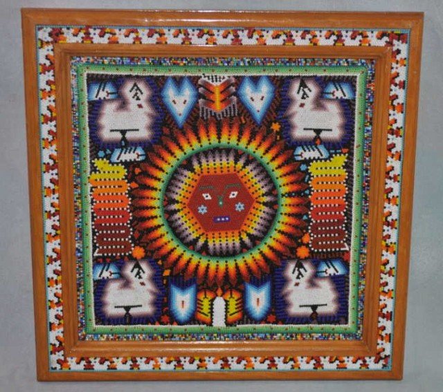Huichol Plaque: Stitched beading on board, inset beadwork frame, 2003, sight size: H 11 1/4" W 11 1/4", overall size: H 14 5/8" W 14 3/4"