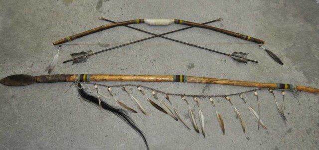 Southwest Decorative Spear and Bow: Wood, hid, bead work, feathers, spear l68", Bow L48"