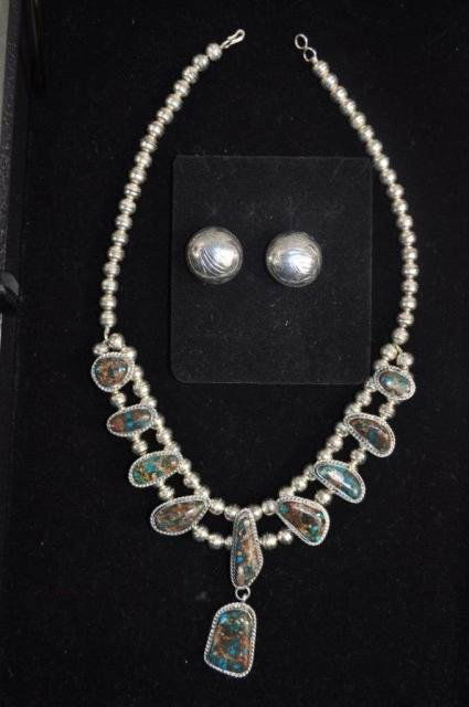 Rose Draper Navajo Necklace Plus: 20" Sterling and blue thunder turquoise, together with (pr) sterling post back intaglio etched earrings, D 1"