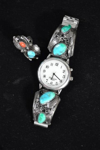 Navajo Turquoise Watch Band Plus, 2pcs: Band: signed Justin Molina, together with: turquoise and coral set ring, size 5
