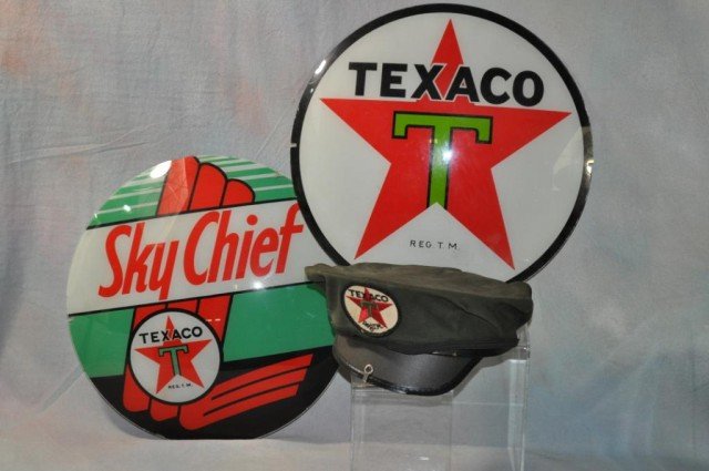 Texaco Signs & Hat, 3pcs: (2) Convex, reverse painted glass, pump signs, D 13 1/2", (1) Texaco serviceman's cap, medium