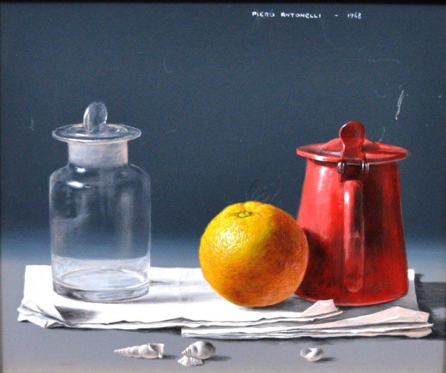 Piero Antonelli Oil on Board: Still life, (Italian 1916-1990), dated 1968 image 10"x11 1/2", overall 16"x18"