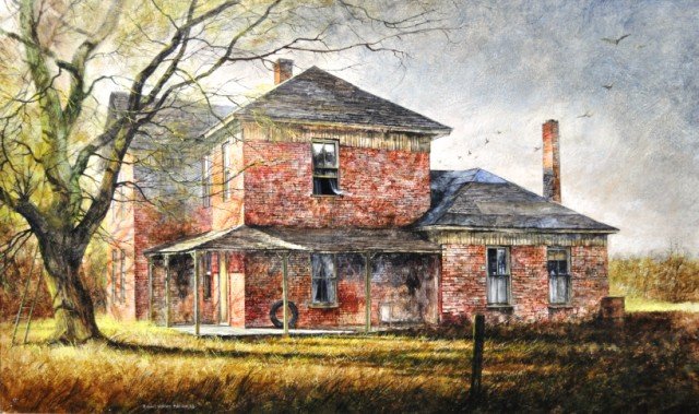 Robert William Addison Oil on Canvas: Brick House Landscape, 1968, image 17 1/2"x29.5", overall 22"x34"