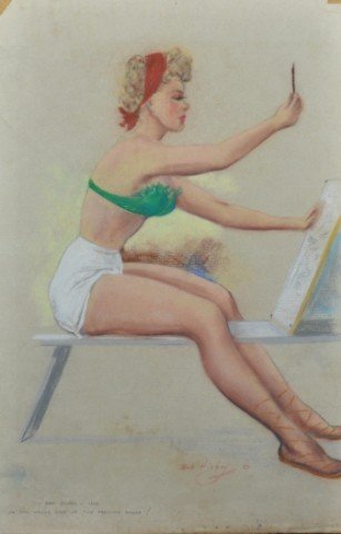 Robert C. Hickey Pastel Vintage Pin-Up: Art Class 1953, "On the Wrong Side of the Drawing Board, 18 3/4"x12 1/4", Bob Hickey, famous earlier in his career for dog and horse portraits, moved into graphic illustrations, and now is an importan
