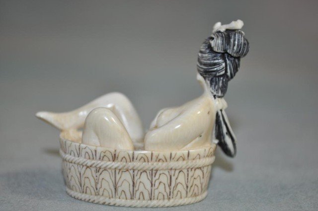 Erotic Ivory Netsuke: Bathing maiden, inked and signed, H 1 7/8" W 2 1/4"