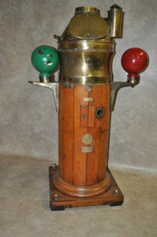 Ship's Binnacle: Circa 1940, Husun by Henry Hughes & Son Ltd., London, manufactured by Kelvin & Hughes Association of Marine Instrument Ltd. SN 223-46, has a floating compass card mounted in gimbals, inside is patent 