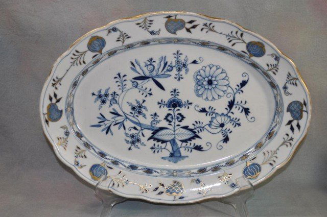 Meissen 18" Blue Onion Platter: The platter is marked on the underside with the blue crossed swords mark for Meissen, blue flow, blue onion pattern, circa 1890 - 1905, is beautifully decorated with hand-applied gold trim highlightin