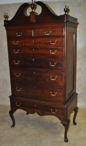 Early Queen Anne Highboy: Solid mahogany, drake feet, 8 drawer, professional worked, age appropriate proportions, H 77" W 36" D 24"
