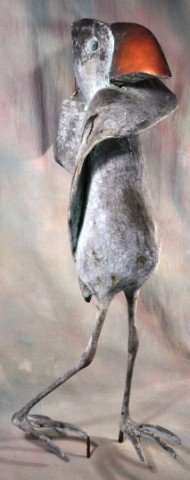 Walter Palmer Sculpture "The Whiffer": Bronze and bonded epoxy sculpture, whimsical bird golfer in back swing, "The Whiffer", 48"x25"x17"