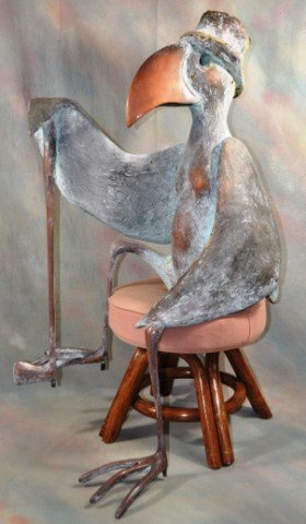 Seated Walter Palmer Bird Golfer Sculpture: Bronze and Bonded Epoxy, seasoned vintage outdoor sculpture, 37" tall x 29"x17" seated whimsical Palmer bird.