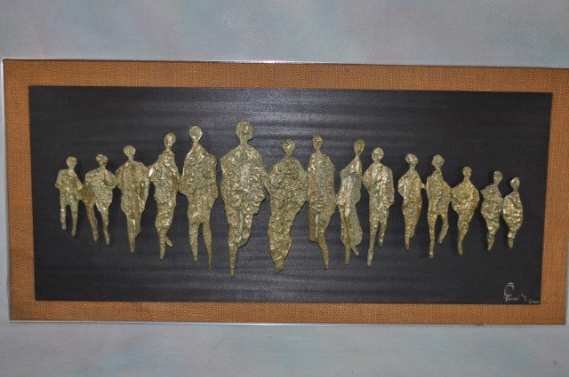 Giovanni London Figural Trench Art: Circa 1970, cast in 4 sections, made from Vietnam War shell casings, sculpture size: H 9 1/2" W 28", overall size: H 16" W 34 1/4"
