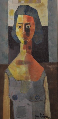Yves Leveque Oil on Canvas: (French, born 1937), Portrait of a young woman, image 23"x11", overall 28"x16"