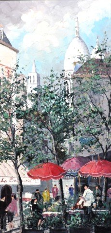 Marcel Courtier Oil on Canvas: Paris mid 20th century, "Parisian Cafe", image 23 1/2"x11 1/2", overall 27"x16"