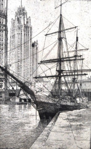 S. Chester Danforth,"Byrd's South Pole Flagship": Etching, 1896, 11 1/4"x7 1/4". Danforth was born in 1896, in Ithaca, New York, but lived most of his life in Chicago and the surrounding area. He studied art in Chicago at the Art Institute and the Ac