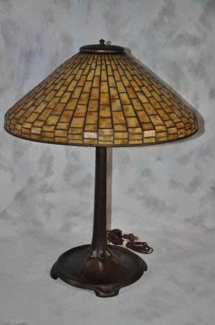 Tiffany Studios Lamp: Tiffany lamp, shade signed, Tiffany Studios New York #1493. base signed. & #531, 4 lamp sockets, excellent condition, approx. 7 insignificant breaks to slag, Lamp: H 22" Shade: D 20".