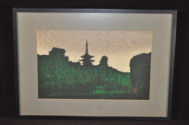 Kaoru Kawano Woodblock: Japanese 1916-1965, landscape with Pagoda, signed with chop and pencil, sight size: 9" x 14 1/2", overall size: 14 1/2"x20 1/2"