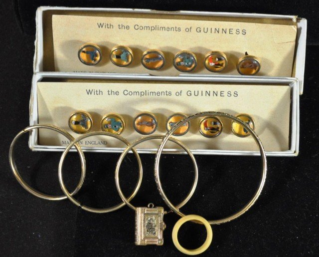 Guinness Buttons, Plus: 2 Sets Of 6 Buttons Each. 4 Gold Filled Bangles. 1 Bone Ring, Size 7 1/2. 1 Gold Tone Locket.