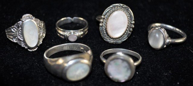 Stamped .925 Rings, 6pcs: Mother of pearl, total weight: .690ozt