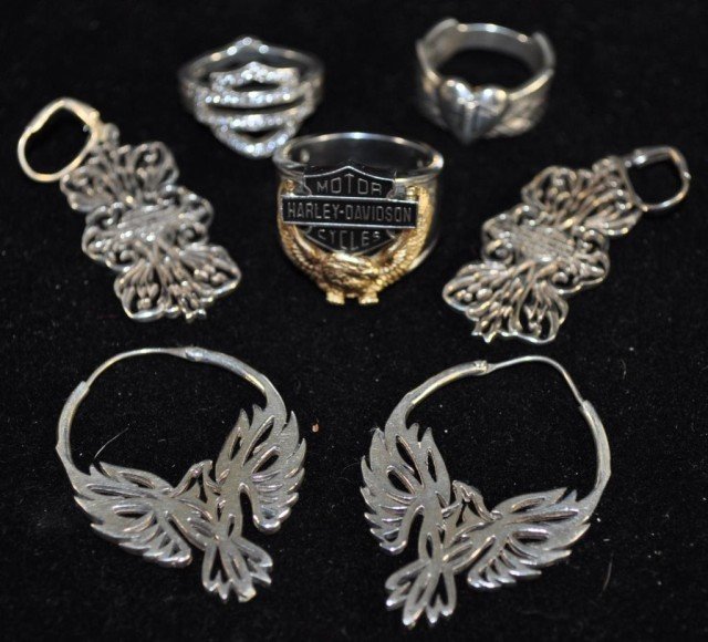 Harley Davidson Mixed Metals Jewelry, 5pcs: (1) Ring, size 9 1/4, 10kt eagle, steel balance, (2 pr) stamped .925, Harley earrings, (1) ladies ring, size 7 1/2, stamped .925, (1) ladies ring, size 7, set with melle accents