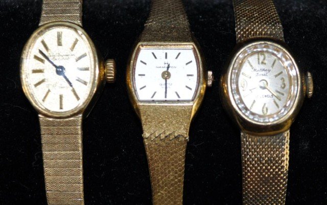 Ladies Watches, 3pcs: Including: (1) Hamilton, quartz movement, needs serviced, (1) Matthey Doret, 17 jewels, needs serviced, (1) Jules Jurgenson, 17 jewel, needs serviced, *scratches to crystals present