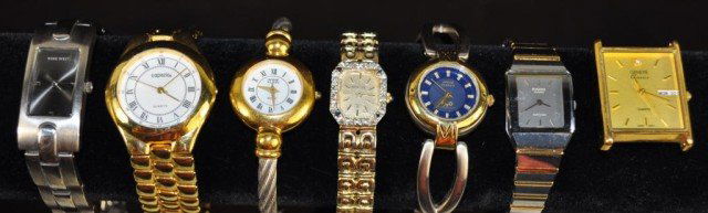 Ladies Estate Watch Collection, 7pcs: Including: (2) Geneve, need serviced, (2) Anne Kline, needs serviced, (1) Nine West, (1) Rado, (1) Capezio, working condition, *scratches to crystals present