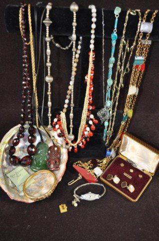 Costume Jewelry, Plus, 16pcs: (Set) gold filled abalone cuff links and buttons, (1) abalone half shell, (multiple) necklaces, including: jade, Egyptian scarab beads, etc.