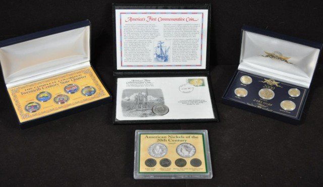 American Coins, 15pcs: (Set of 4) Nickels of the Twentieth Century, in box, (set) 2000, Philadelphia Mint gold plated coin set, boxed, (5) 1999, colonized state quarters, boxed