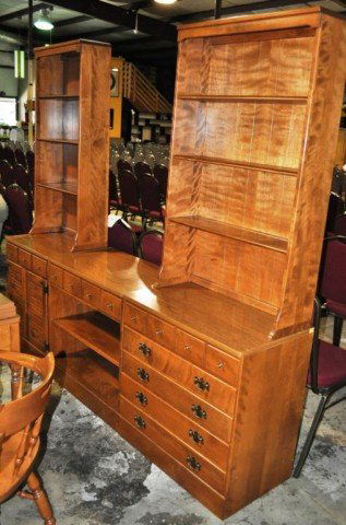 Ethan Allen Sectional Wall Unit, 5pcs Total: (2) Hutches with adjustable shelves, 1 - 1 drawer and 1 cupboard base, 1 - 3 drawer base, (1) server, 1 drawer, 1 adjustable shelf, overall size: 78" x 85" x 19"