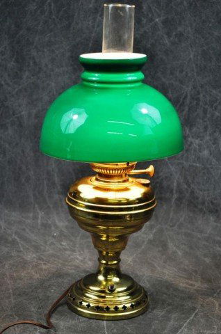 "Brevette" Brass Lamp: Converted, original cased glass globe, 20 1/2"