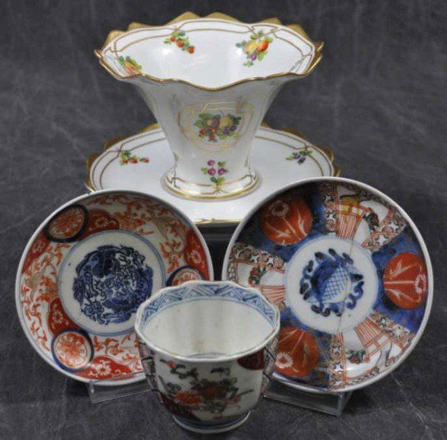 Imari and Continental Porcelain, 5pcs: (1) German vase on tray, enameled, 4 1/2" x 7", (2) Imari saucers, 1 - D 4 5/8", 1 - D 5 1/8", repaired, (1) cup, H 2 5/8"
