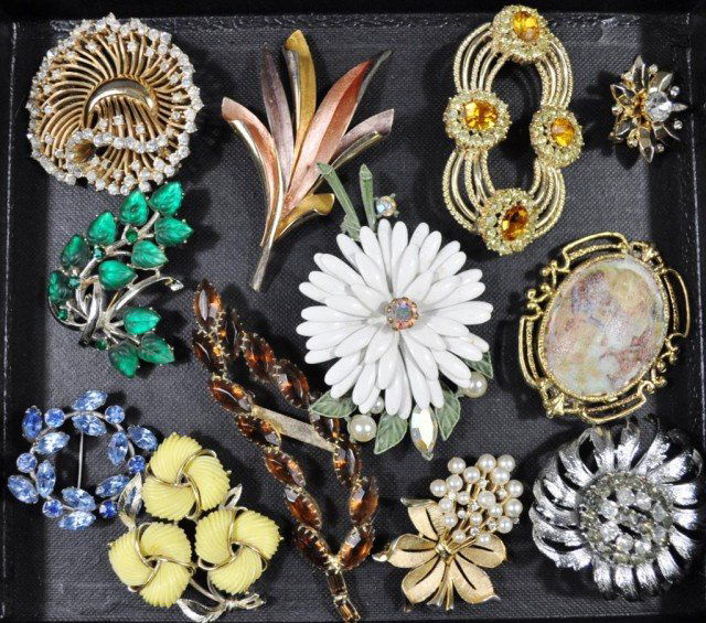 Signed Costume Jewelry, 11pcs: Pins by Trafari, Coro, Usner, & Weiss