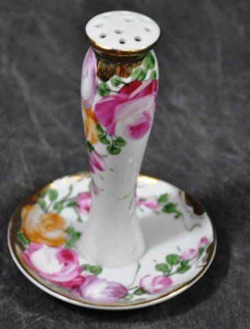 Limoges Hat Pin and Ring Holder: Gilt embellished, rose decorated, 6" x 4 1/2"